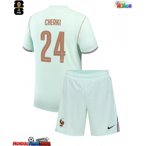 Camiseta Francia Rayan Cherki #24 Segunda Equipación Replica Mundial 2026 para niños mangas cortas (+ Pantalones cortos)